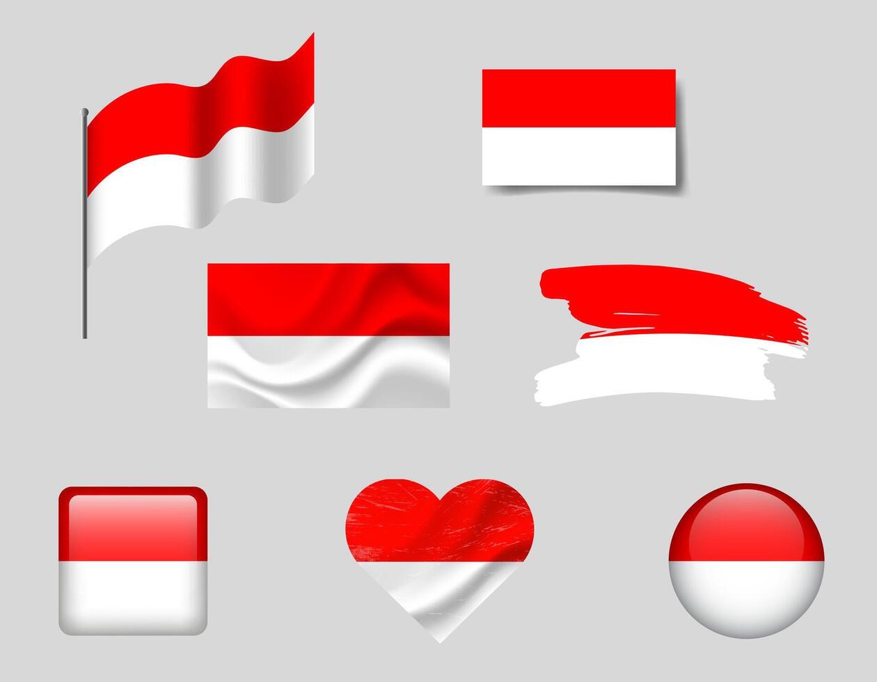 Indonesia flag set of icons. flag of Indonesia symbol. Set of Indonesia flags button, waved, heart. vector