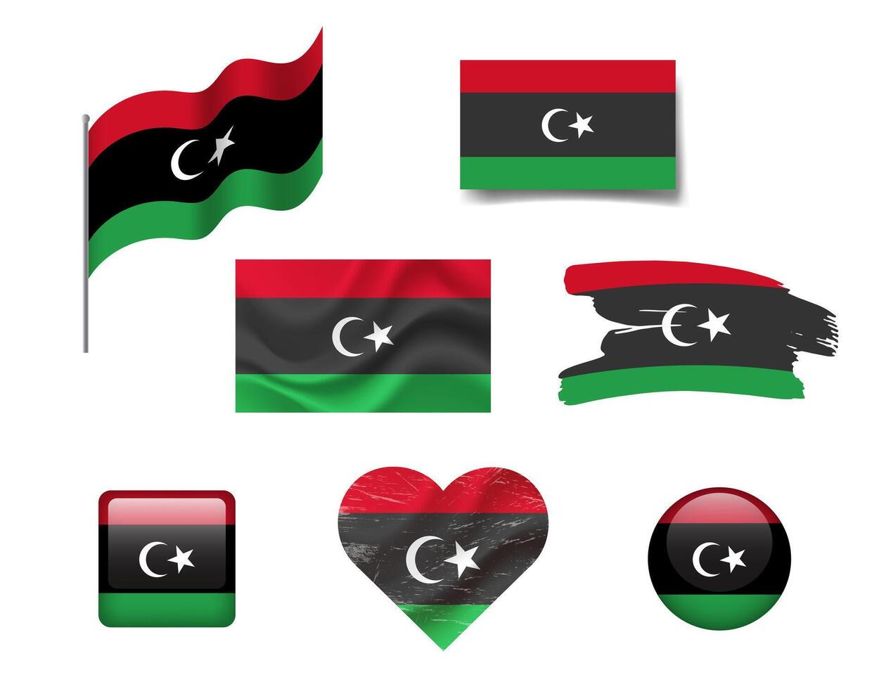 Libya flag set of icons. flag of Libya, symbol. Set of Libya flags button, waved, heart. vector