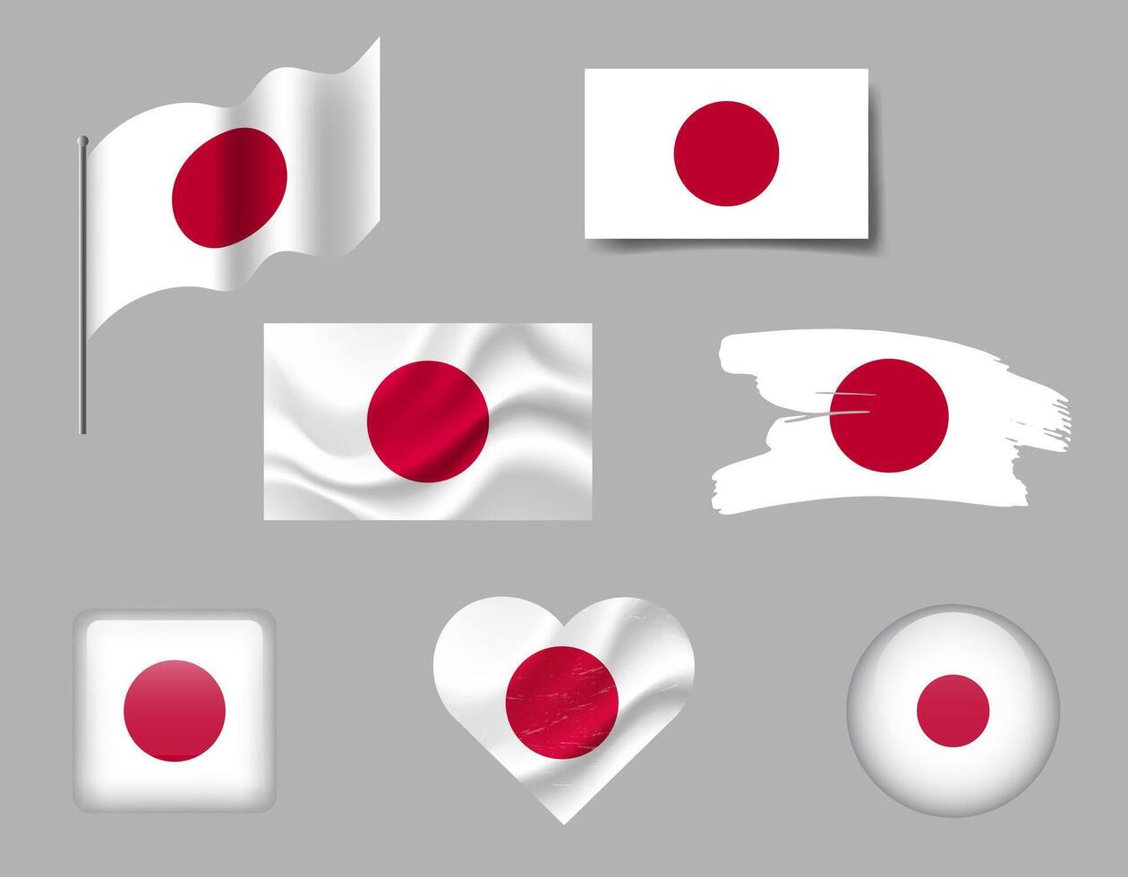 Japan flag set of icons. flag of Japan symbol. Set of Japanese flags button, waved, brush, heart. vector