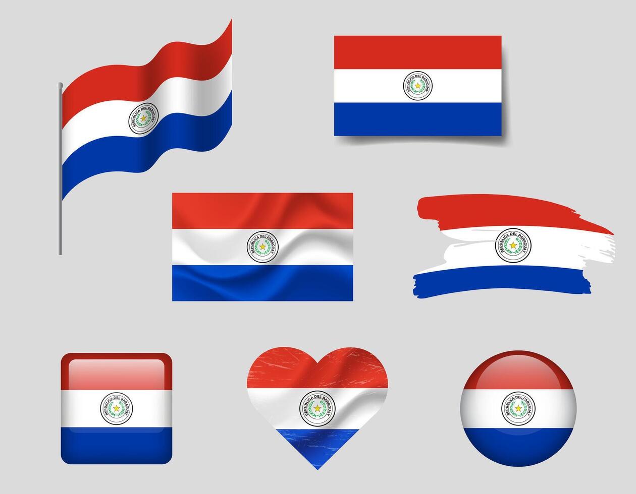 Paraguay flag set of icons. flag of Paraguay, symbol. Set of Paraguay flags brush, button, waved, heart. vector