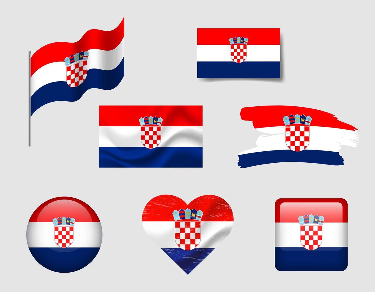 Croatia flag set of icons. flag of Croatia, symbol. Set of Croatian flags brush, button, waved, heart. vector