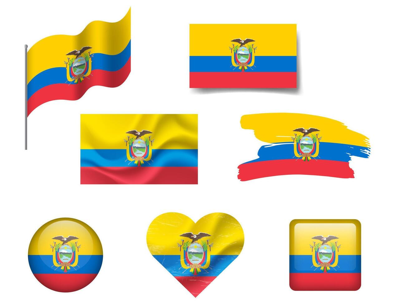 Ecuador flag set of icons. flag of Ecuador, symbol. Set of Ecuador flags brush, button, waved, heart. vector