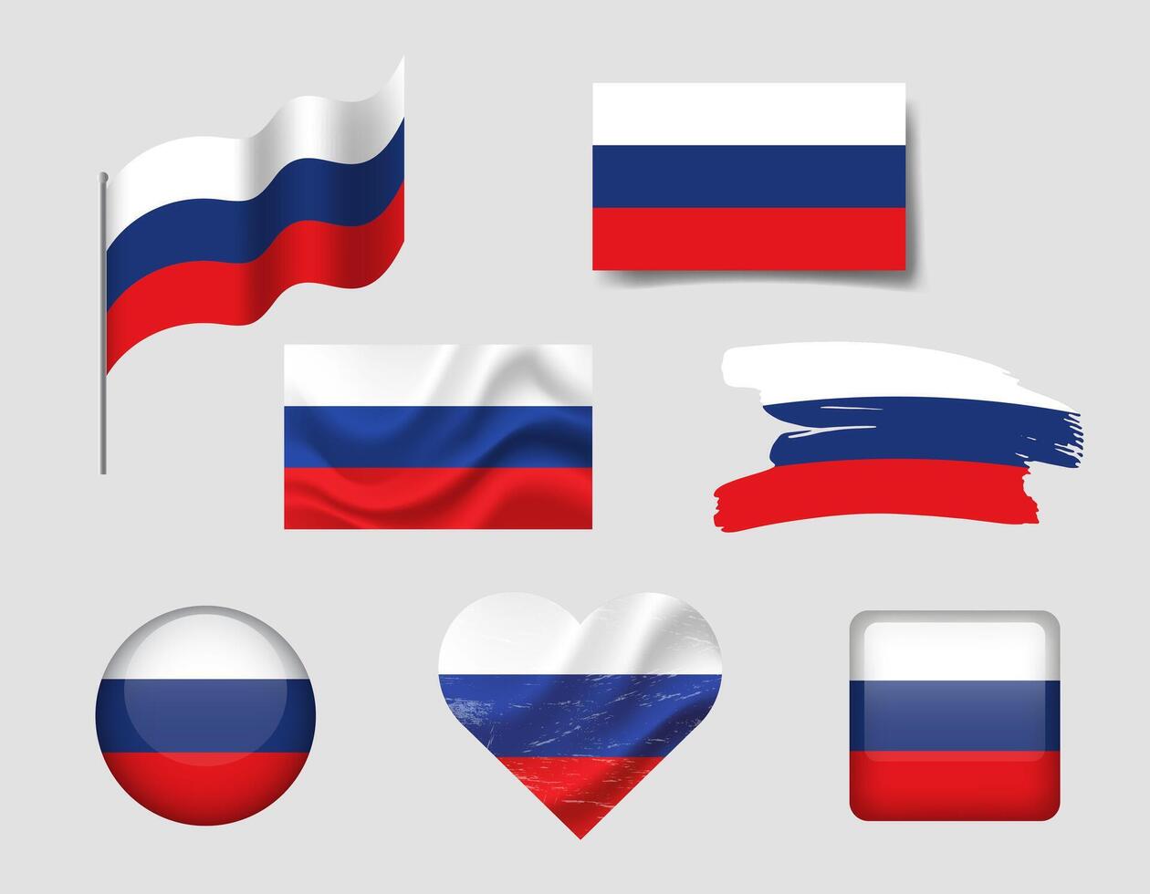 Russia flag set of icons. flag of Russia, symbol. Set of Russian flags button, brush, waved, heart. vector