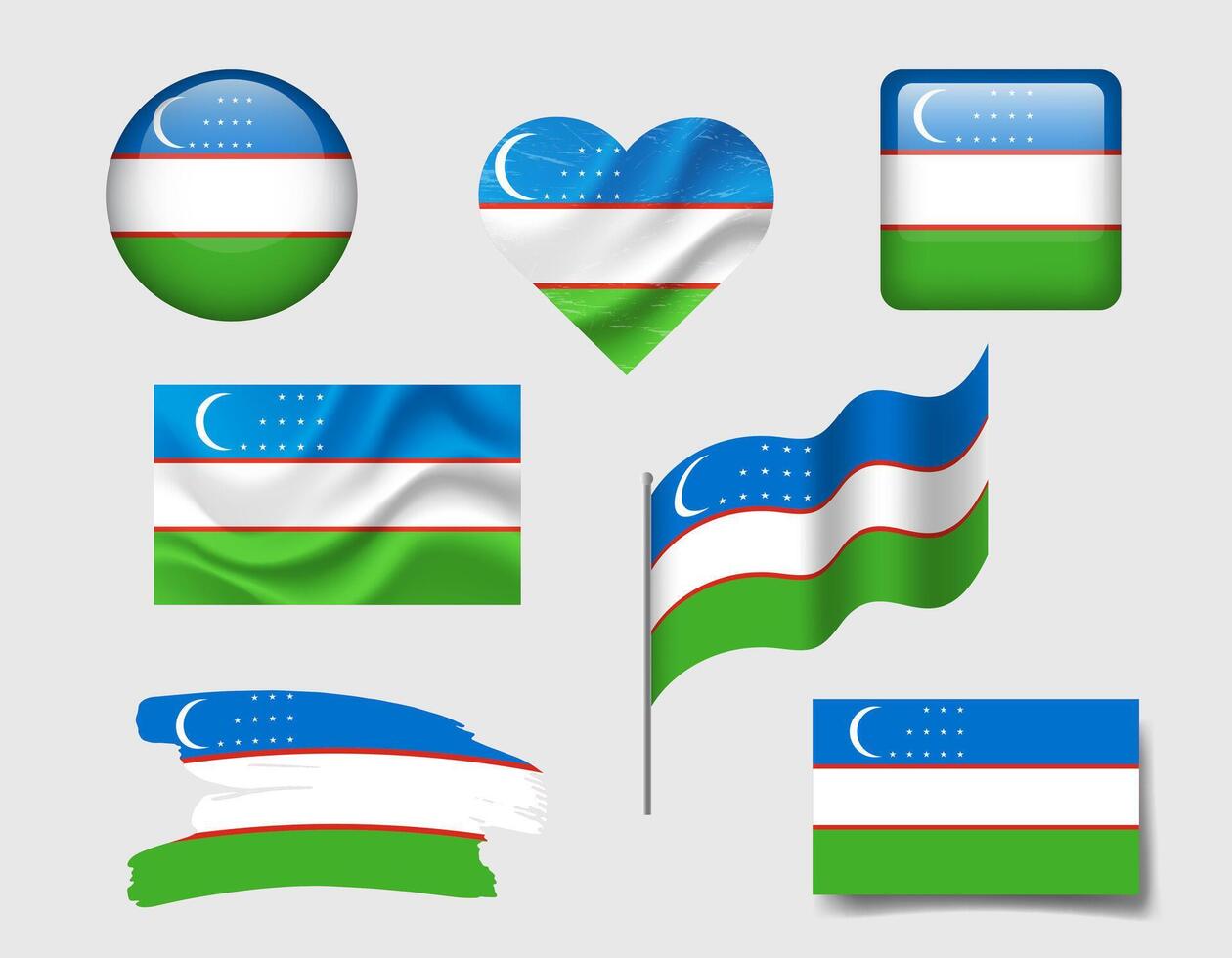 Uzbekistan flag set of icons. flag of Uzbekistan, symbol. Set of Uzbekistan flags button, waved, heart. vector