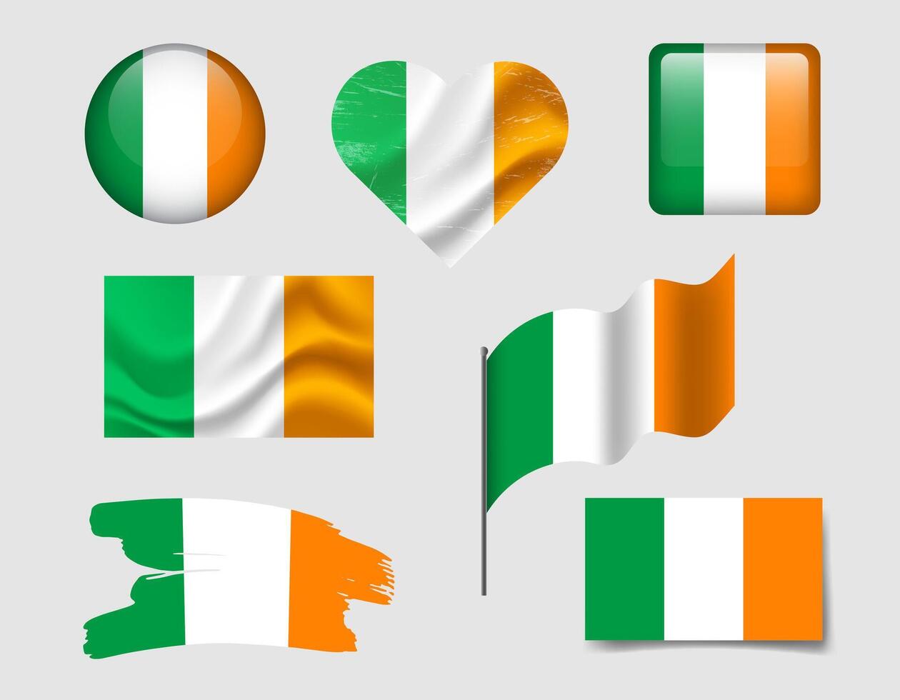 Ireland flag set of icons. flag of Ireland symbol. Set of Irish flags button, brush, waved, heart. vector