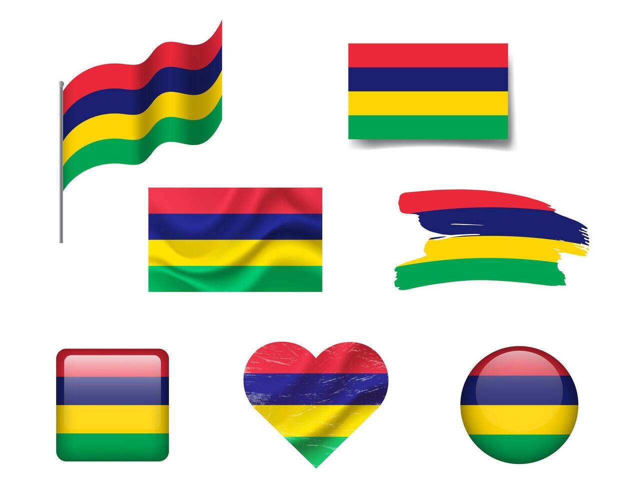 Mauritius flag set of icons. flag of Mauritius, symbol. Set of Mauritius flags button, waved, heart. vector