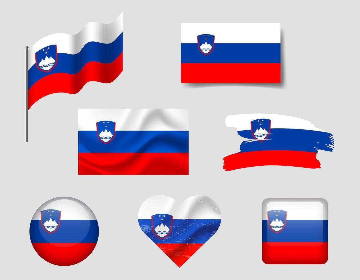 Slovenia flag set of icons. flag of Slovenia, symbol. Set of Slovenian flags brush, button, waved, heart. vector