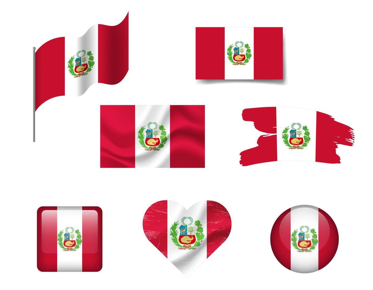 Peru flag set of icons. flag of Peru, symbol. Set of Peru flags button, brush, waved, heart. vector