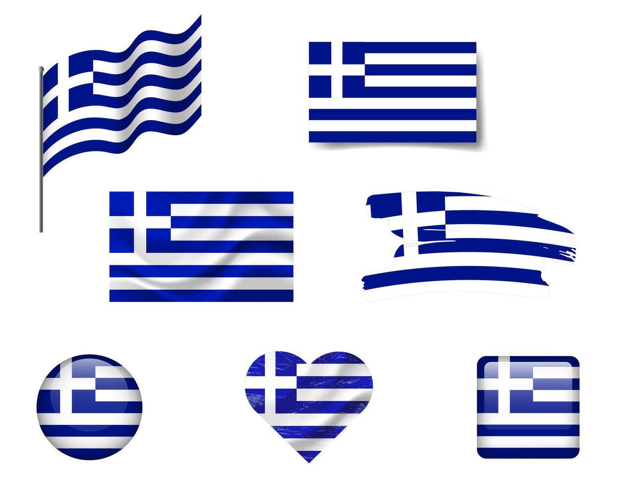 Greece flag set of icons. flag of Greece, symbol. Set of greek flags button, brush, waved, heart. vector