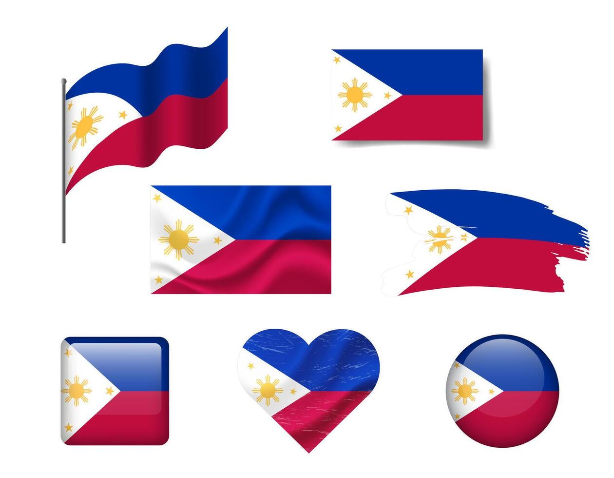 Philippines flag set of icons. flag of Philippines, symbol. Set of Philippines flags button, brush, waved, heart. vector