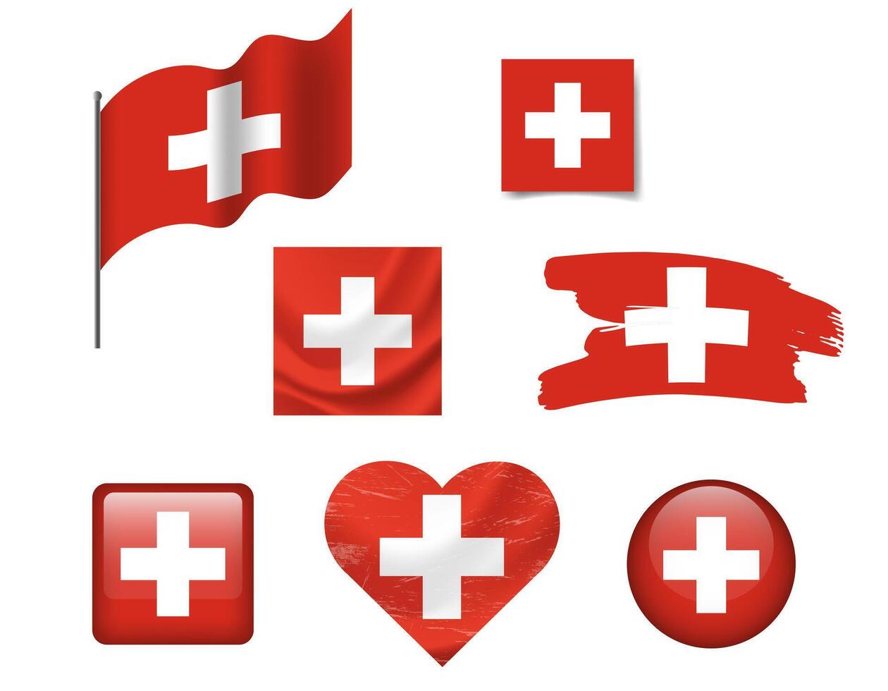 Switzerland flag set of icons. flag of Switzerland, symbol. Set of swiss flags button, waved, heart. vector