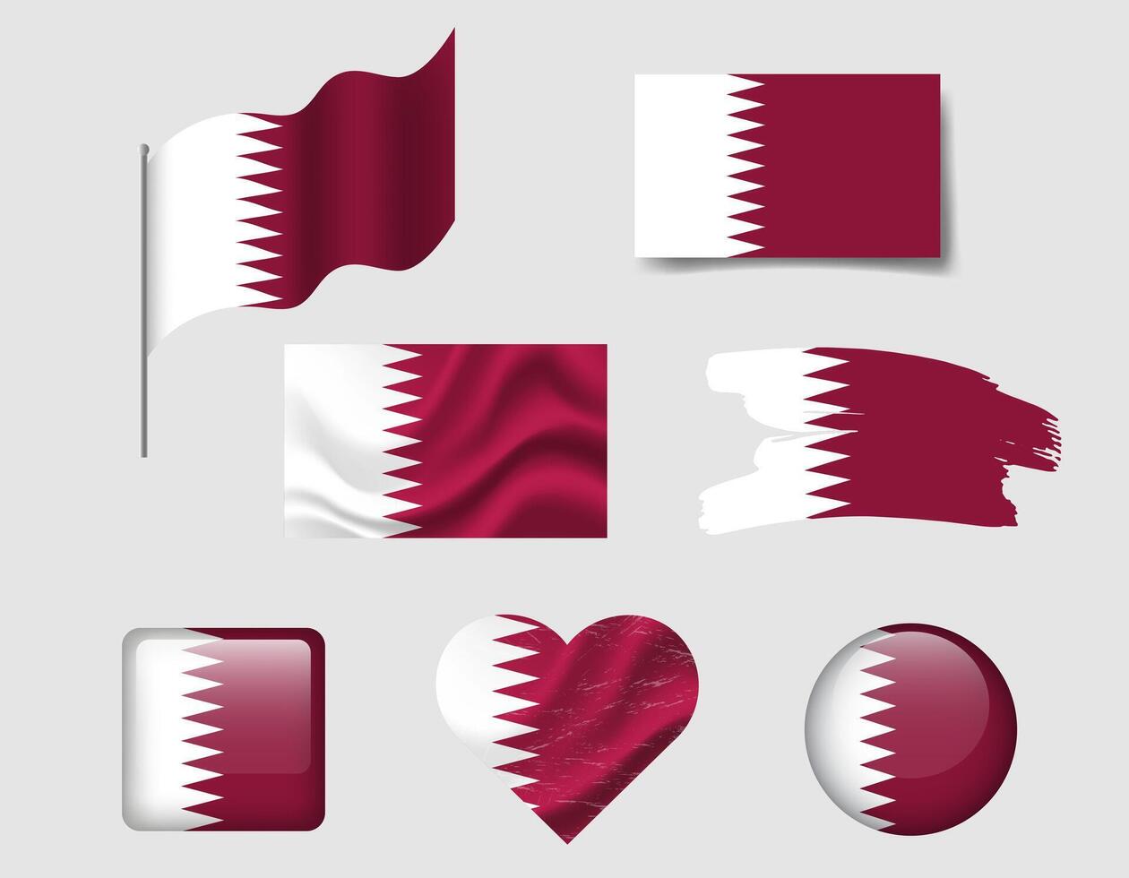 Qatar flag set of icons. flag of Qatar, symbol. Set of Qatar flags button, brush, waved, heart. vector