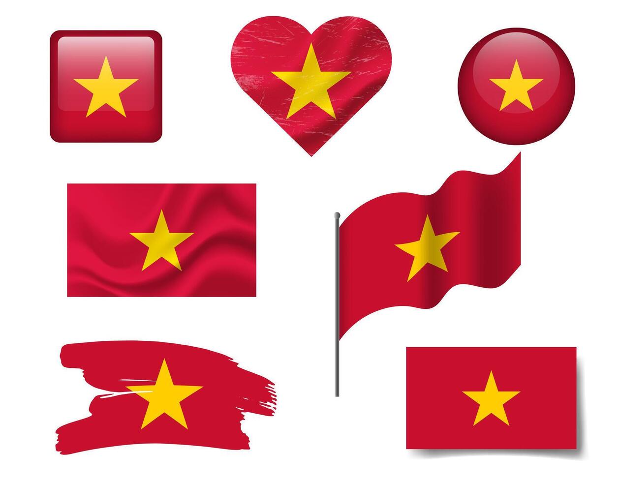 Vietnam flag set of icons. flag of Vietnam symbol. Set of Vietnam flags button, brush, waved, heart. vector