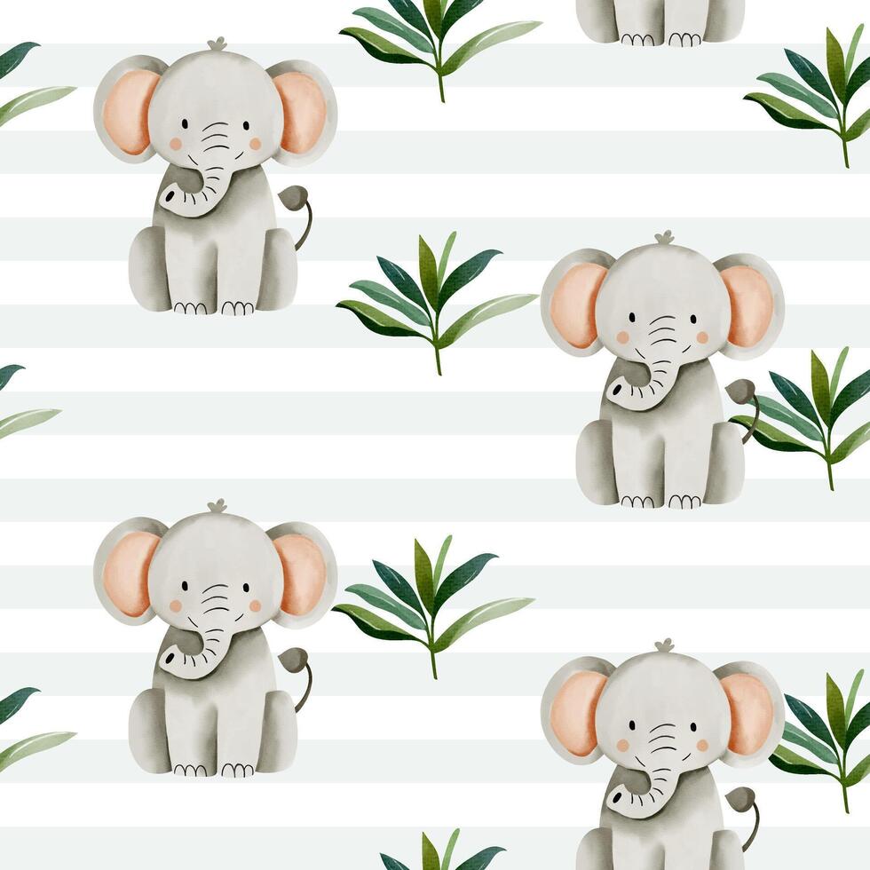 Cute seamless pattern with watercolor elephant. Childish jungle background. Watercolor baby elephant wallpaper. vector