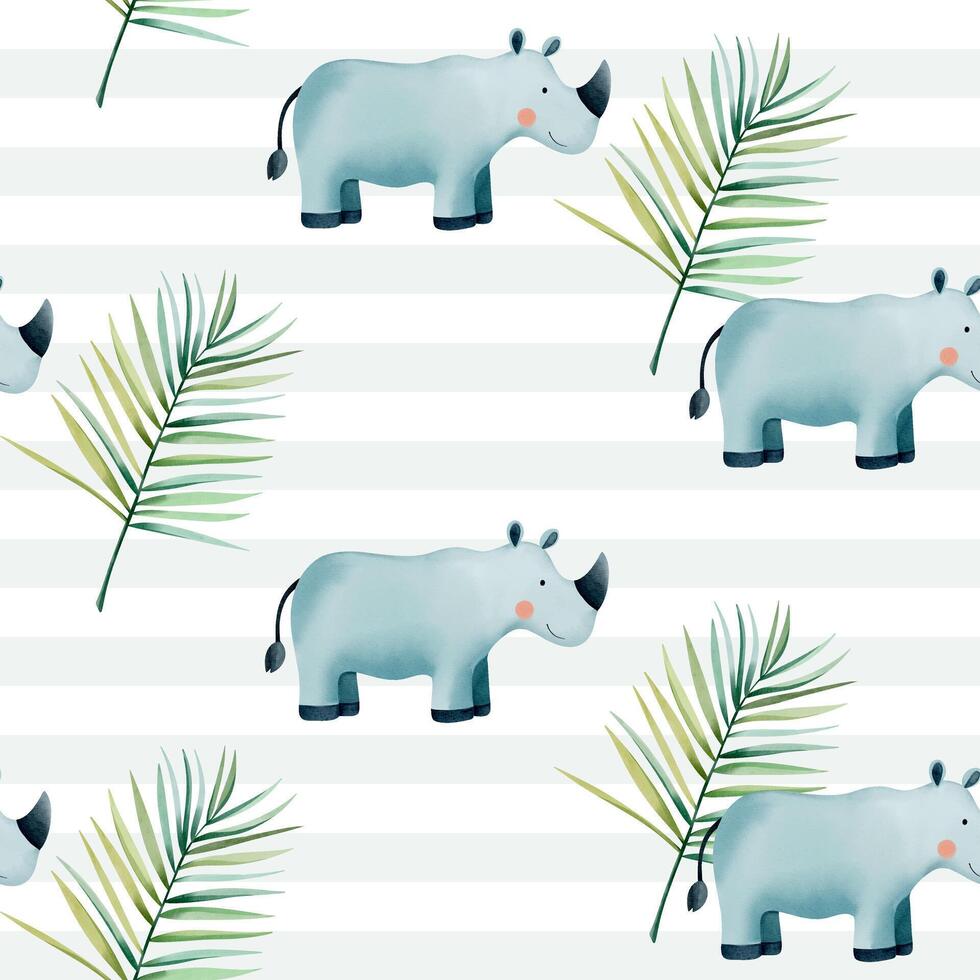 Cute seamless pattern with watercolor rhinoceros. Childish jungle background. Watercolor baby rhinoceros wallpaper. vector