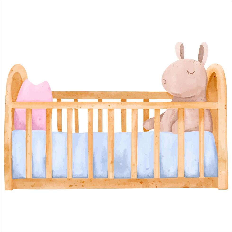 Cozy baby cot. Watercolor crib. Hand drawn nursery element. Things for newborn. vector