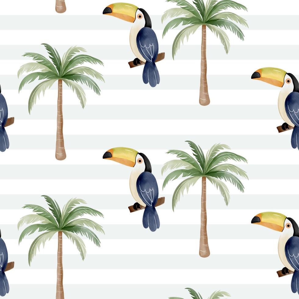 Cute seamless pattern with watercolor toucan. Childish jungle background. Watercolor tropical bird wallpaper. vector