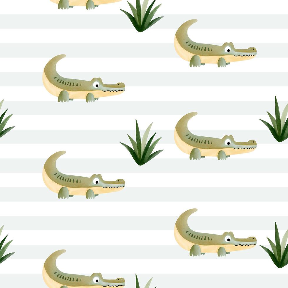 Cute seamless pattern with watercolor crocodile. Childish wildlife background. Watercolor baby alligator wallpaper. vector