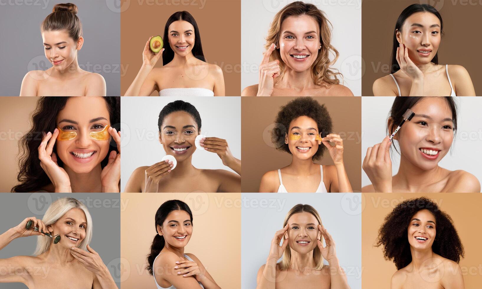 Women of various cultural backgrounds engage in skincare, each depicted in a seamless collage on a bright studio backdrop. photo
