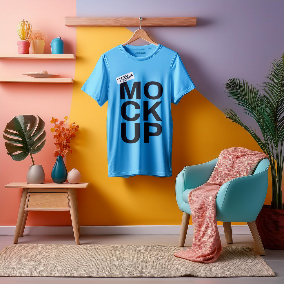Blue mockup t-shirt on a wall psd