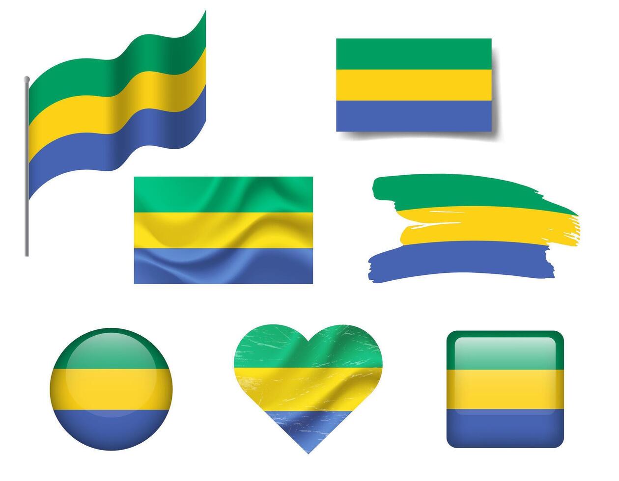 Gabon flag set of icons. flag of Gabon, symbol. Set of Gabon flags button, brush, waved, heart. vector