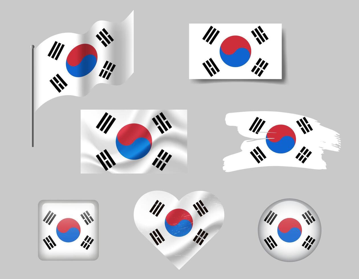 South Korea flag set of icons. flag of South Korea symbol. Set of korean flags button, brush, waved, heart. vector