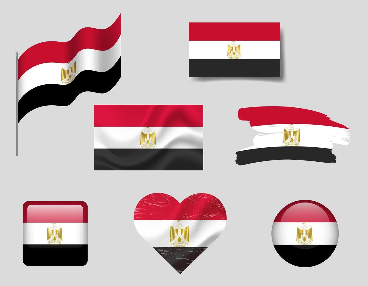 Egypt flag set of icons. flag of Egypt, symbol. Set of Egyptian flags button, brush, waved, heart. vector