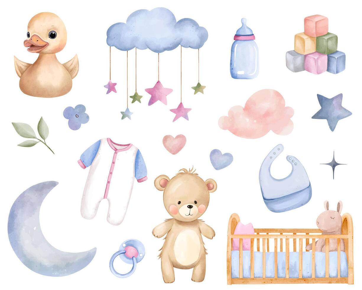 Watercolor baby accessories and toys. Hand drawn nursery set in pastel colors. Teddy bear, crib, duck vector
