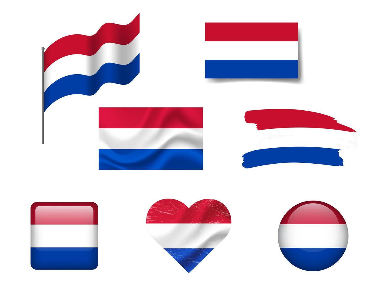 Netherlands flag set of icons. flag of Netherlands, symbol. Set of Netherlands flags button, waved, heart. vector