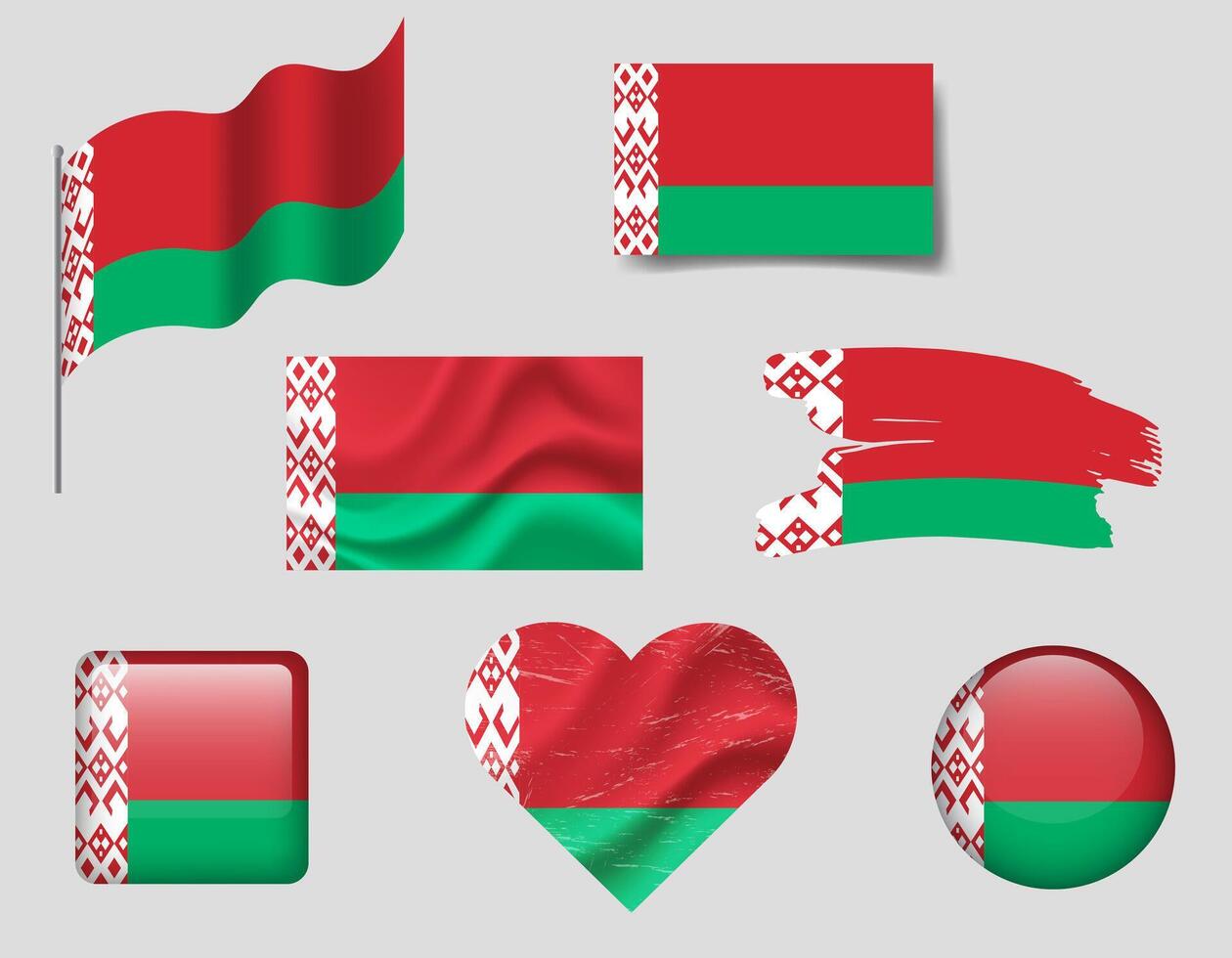 Belarus flag set of icons. flag of Belarus, symbol. Set of Belarus flags button, brush, waved, heart. vector