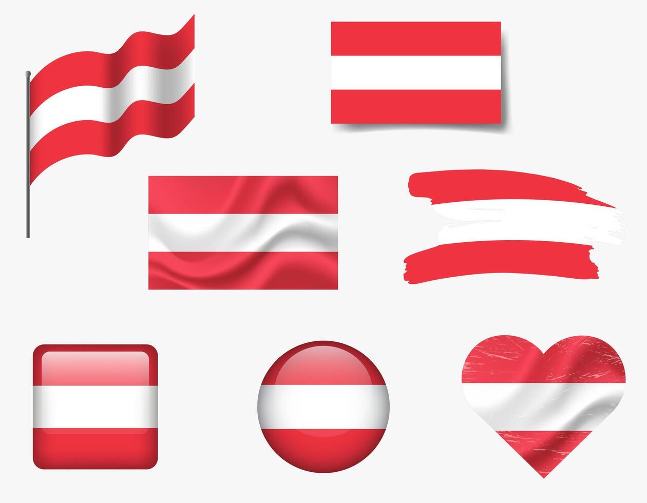 Austria flag - set of icons. flag of Austria, symbol. Set of austrian flags - button, waved, brush, heart. vector