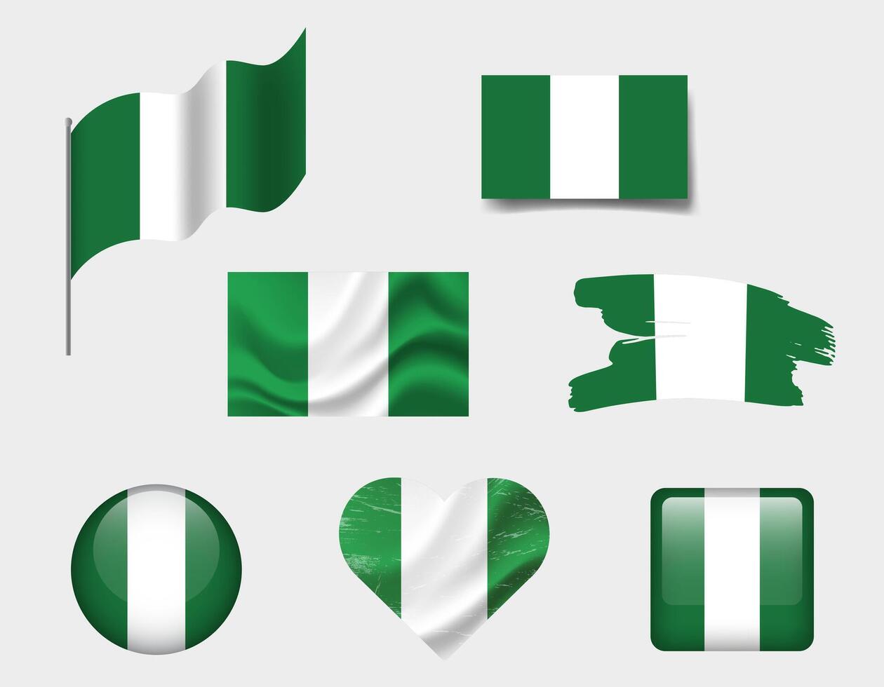 Nigeria flag set of icons. flag of Nigeria, symbol. Set of Nigerian flags button, brush, waved, heart. vector