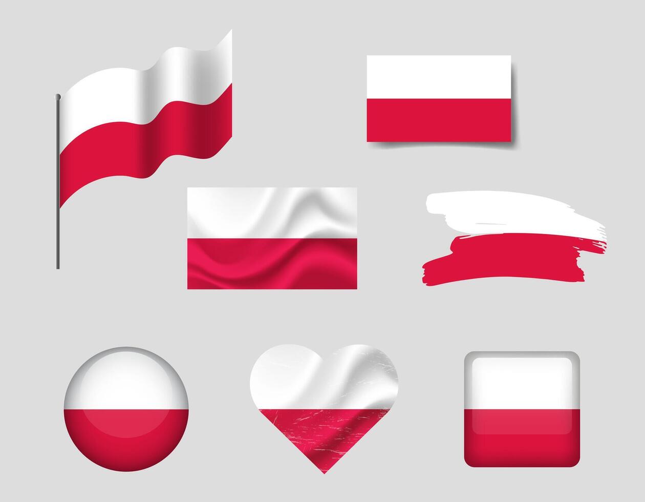 Poland flag set of icons. flag of Poland, symbol. Set of Polish flags brush, button, waved, heart. vector