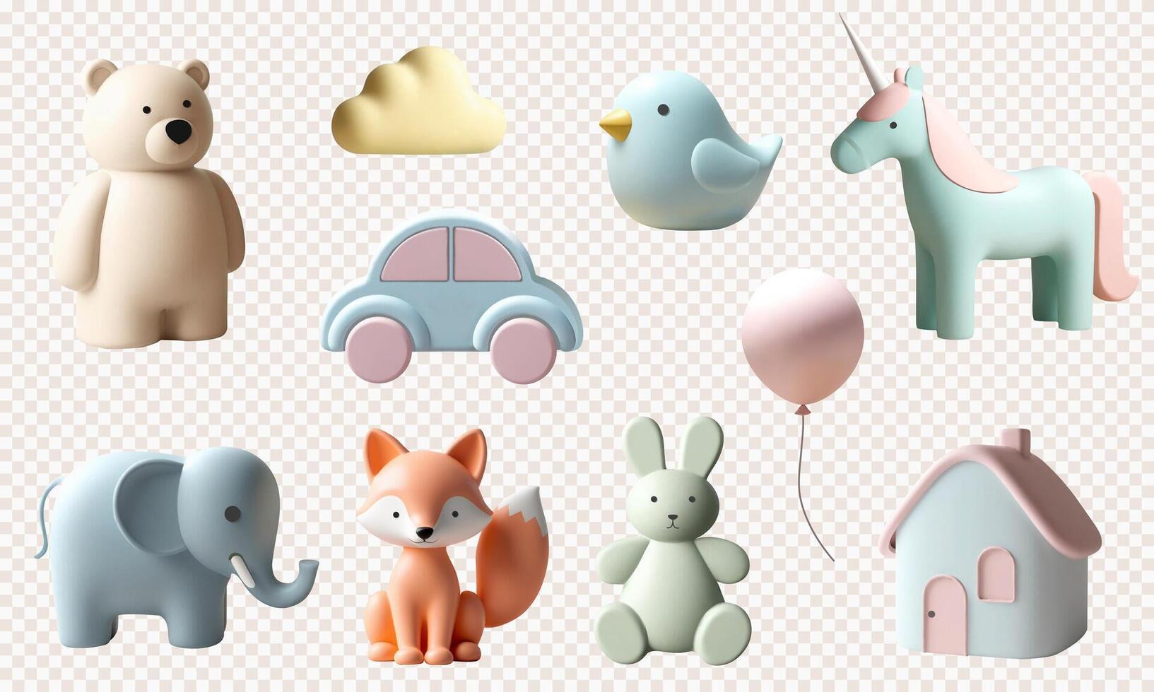 3d rendering set with cute kids toys. 3d realistic bear, bunny, car, unicorn, fox, elephant, house in pastel colors vector