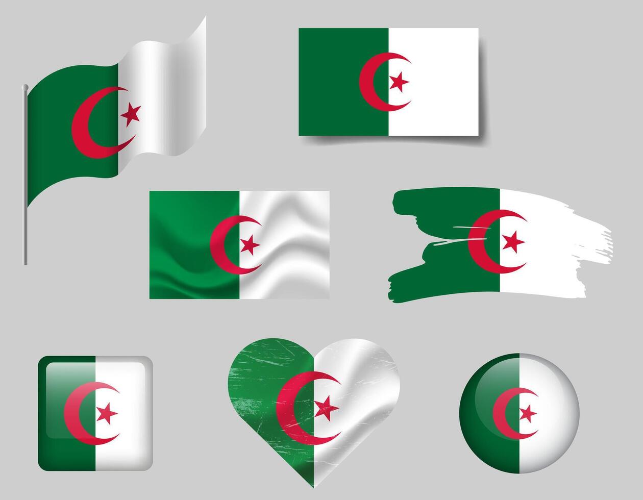 Algeria flag set of icons. flag of Algeria, symbol. Set of Algeria flags button, brush, waved, heart. vector