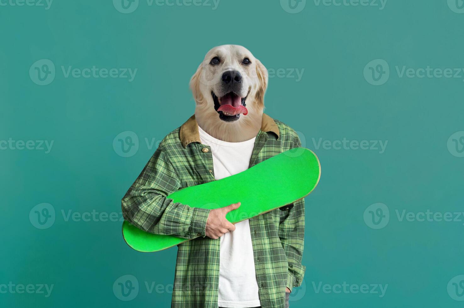 A person dressed in casual attire is holding a bright green skateboard, their head replaced with that of a cheerful dog. The background features a solid, vibrant hue photo