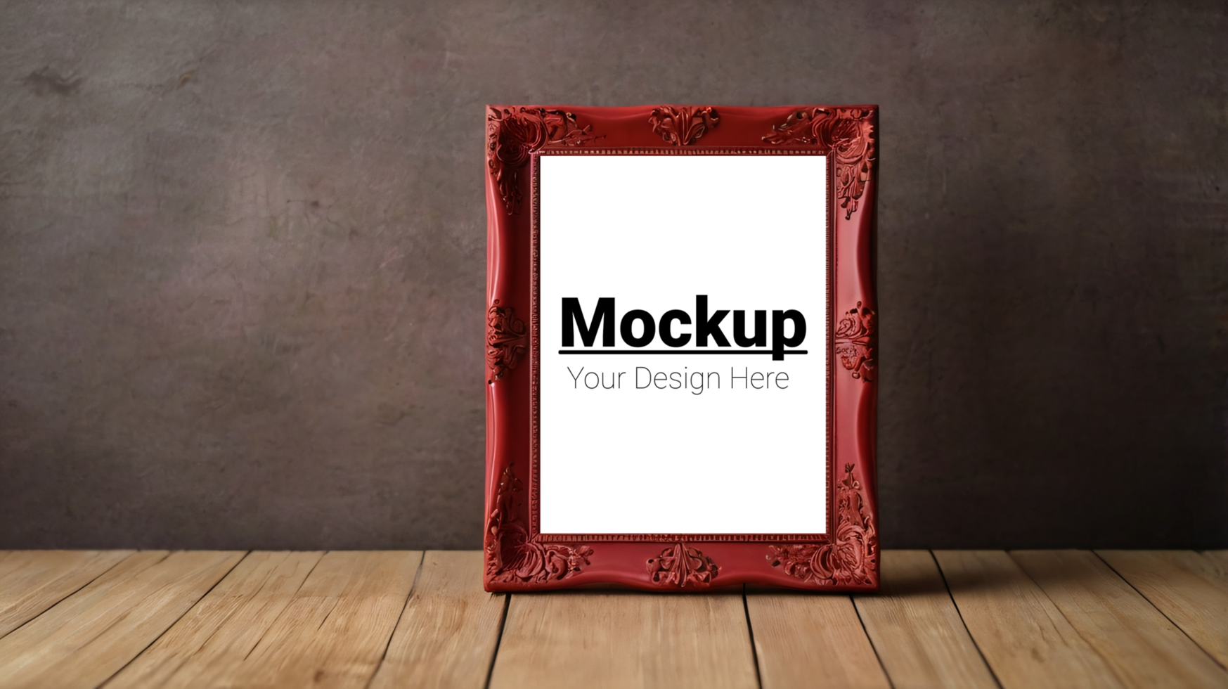 Red frame mockup on wooden table psd