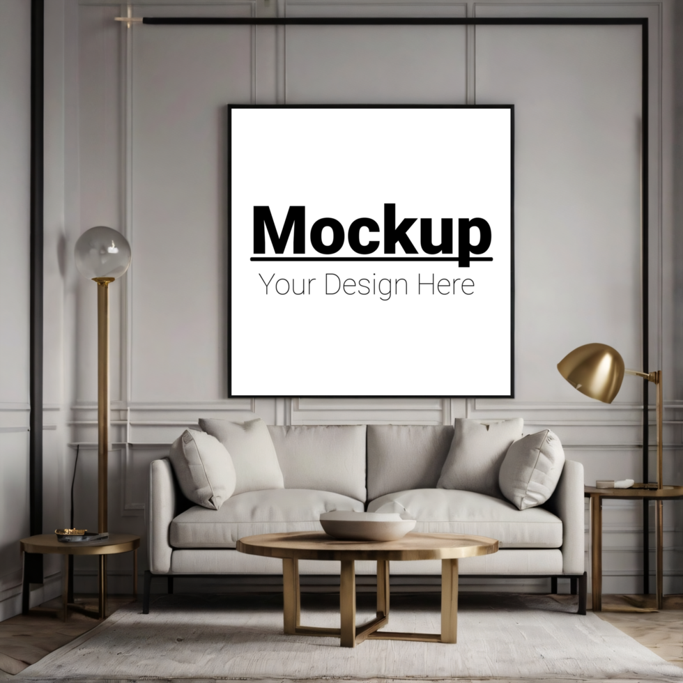 Modern living room with a framed poster mockup psd