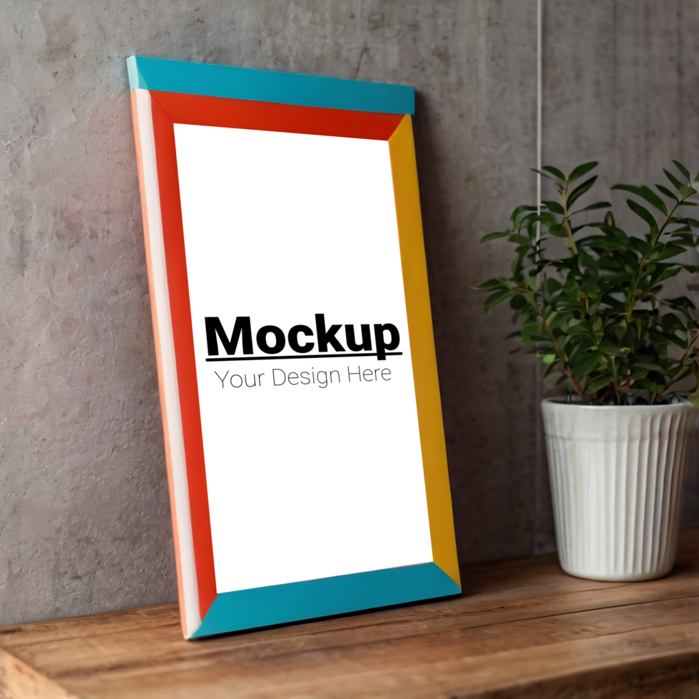 Mockup of a colorful frame on a wooden table psd