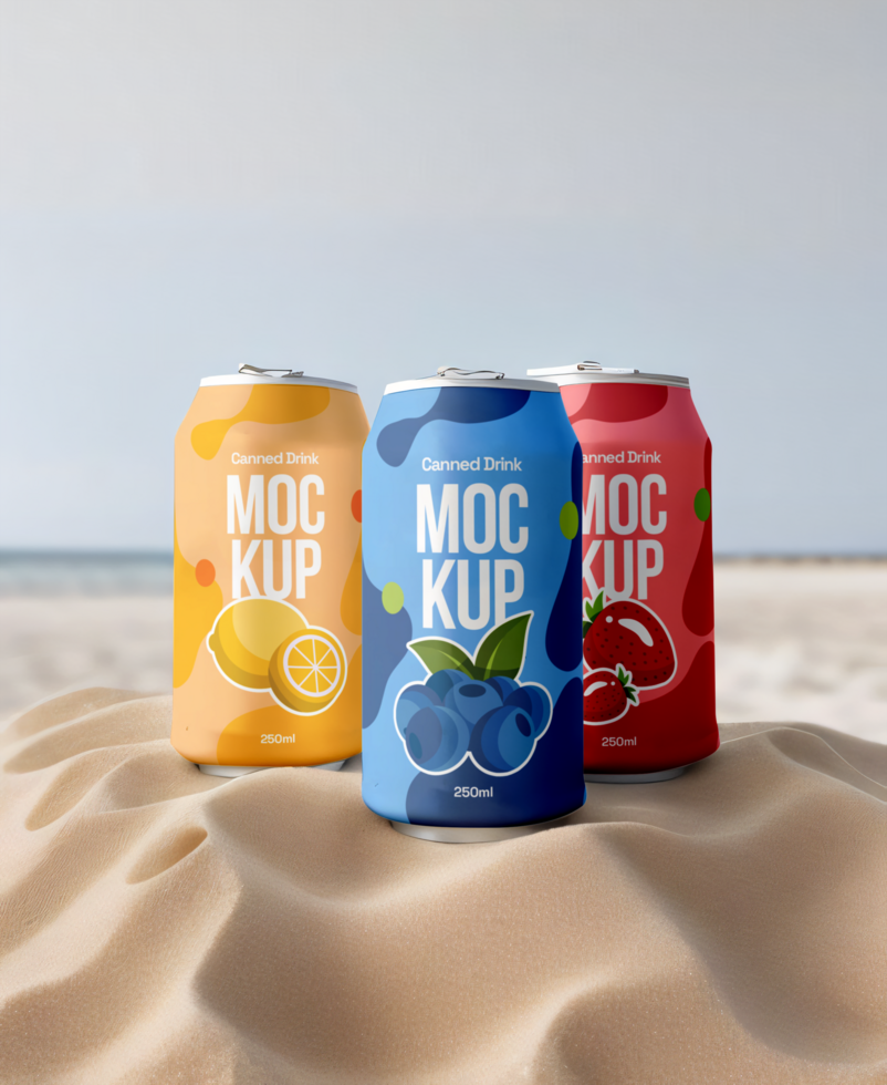 Three cans of soda on a sandy beach Mockup psd