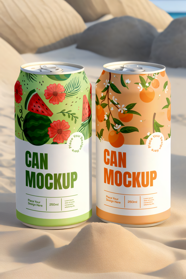 Two cans of soda on a sandy beach Mockup psd