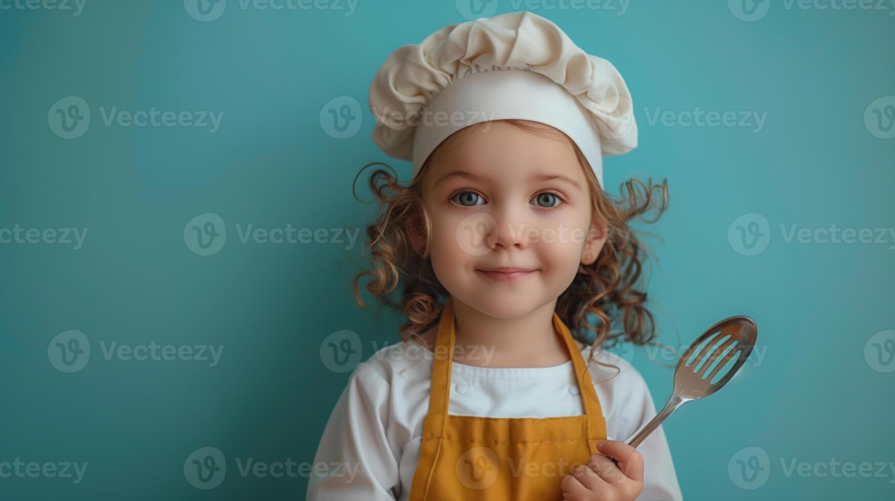 A young girl dressed in a chefs uniform, complete with a white hat, stands confidently holding a slotted spoon in front of a blue background. photo