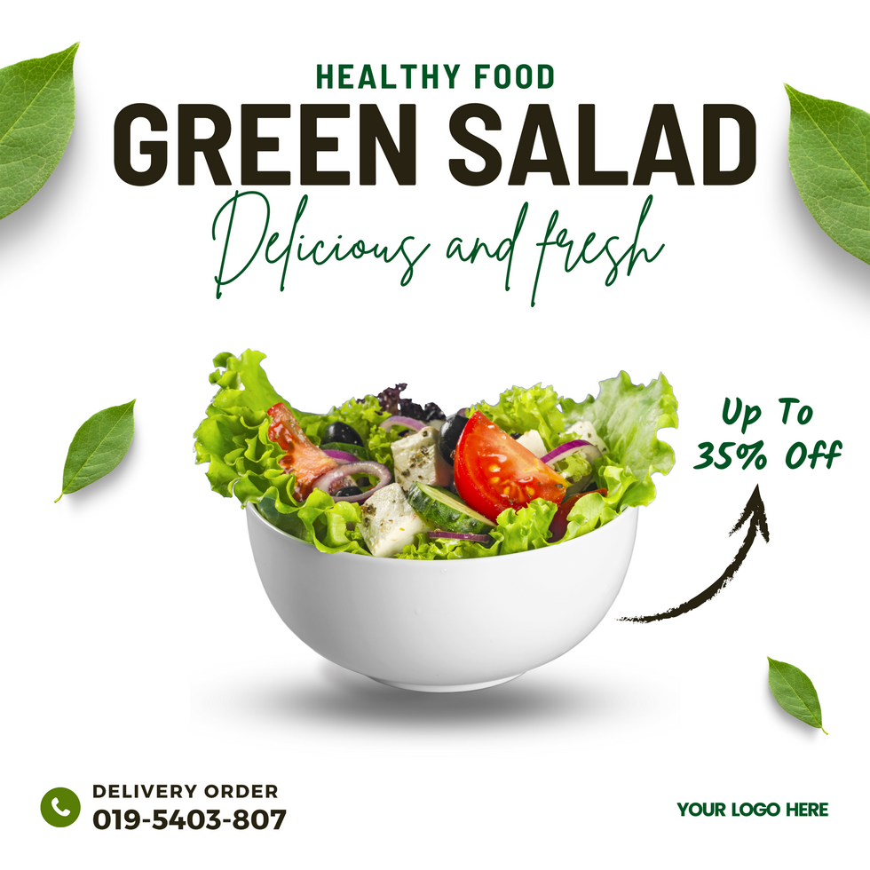 Green Salad Food Promotional Social Media Post Template. Square Layout And Editable psd