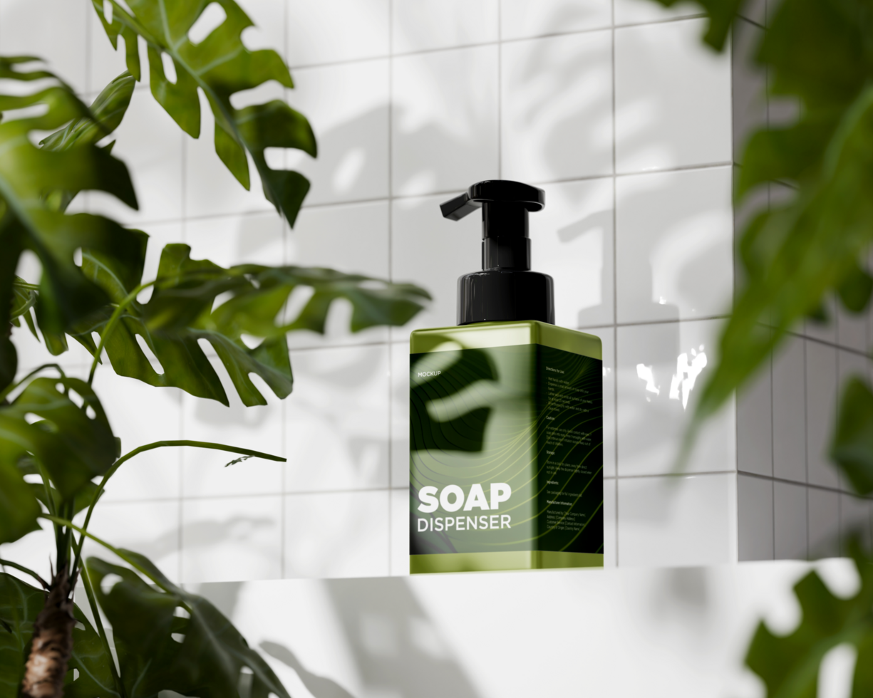 Soap Dispenser Bottle Mockup with Tropical Plants psd