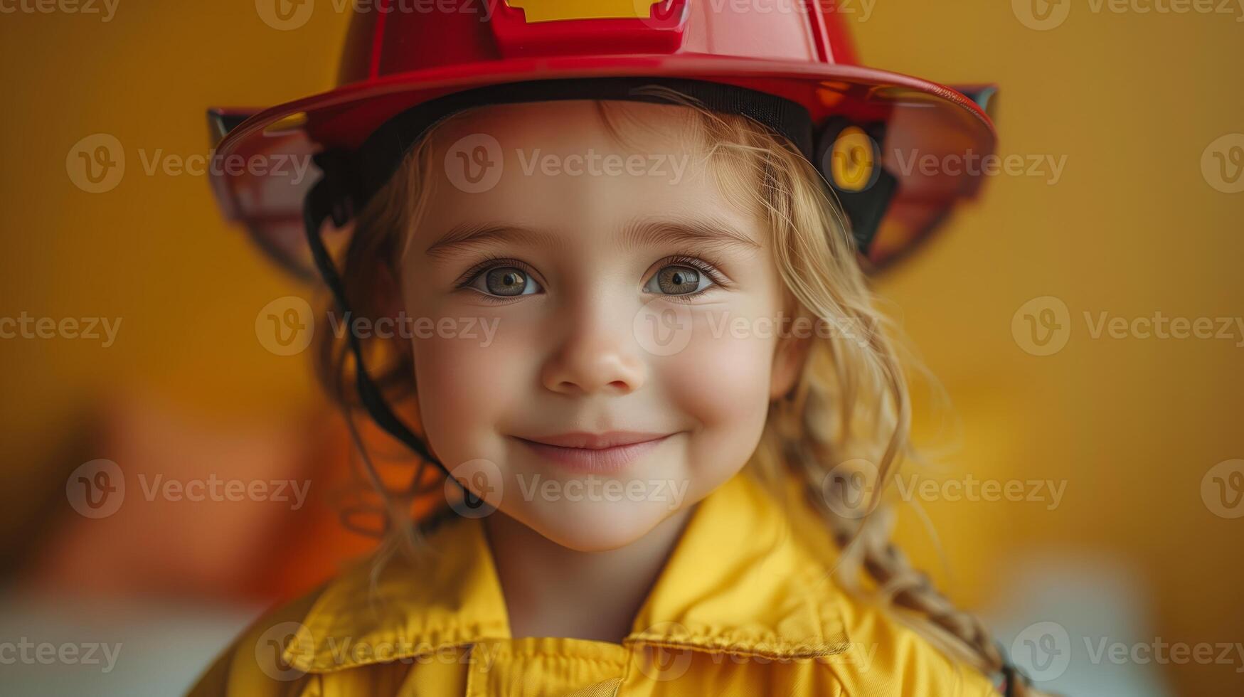 A young girl, dressed in a yellow firefighter uniform and red helmet, smiles at the camera. photo