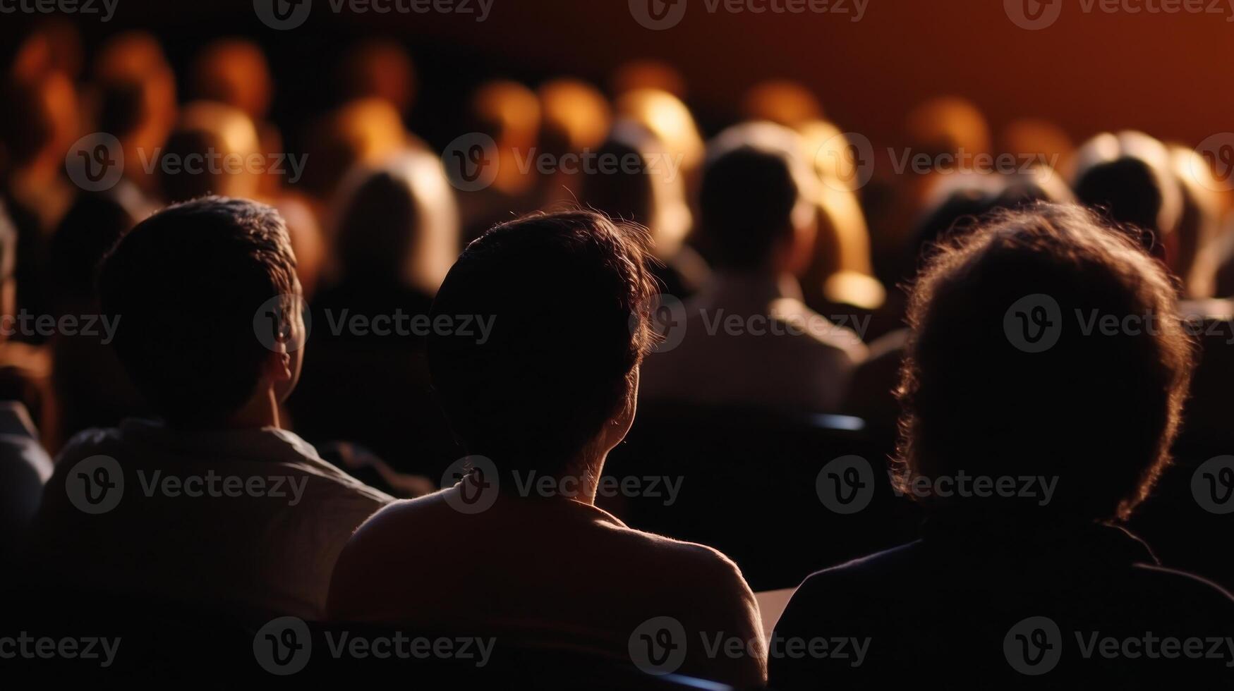 Attendees sit focused in a darkened auditorium, absorbing insights from a speaker during a conference. photo