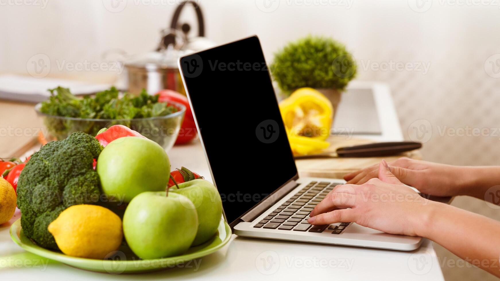 Food Blogger Writing New Post, Fruits Near Laptop Computer With Blank Screen photo