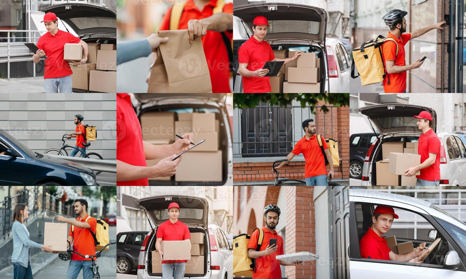 Delivery drivers are seen in various scenes throughout the day, making deliveries of packages, food, and other goods. They navigate busy city streets on foot, by car, and by bicycle photo