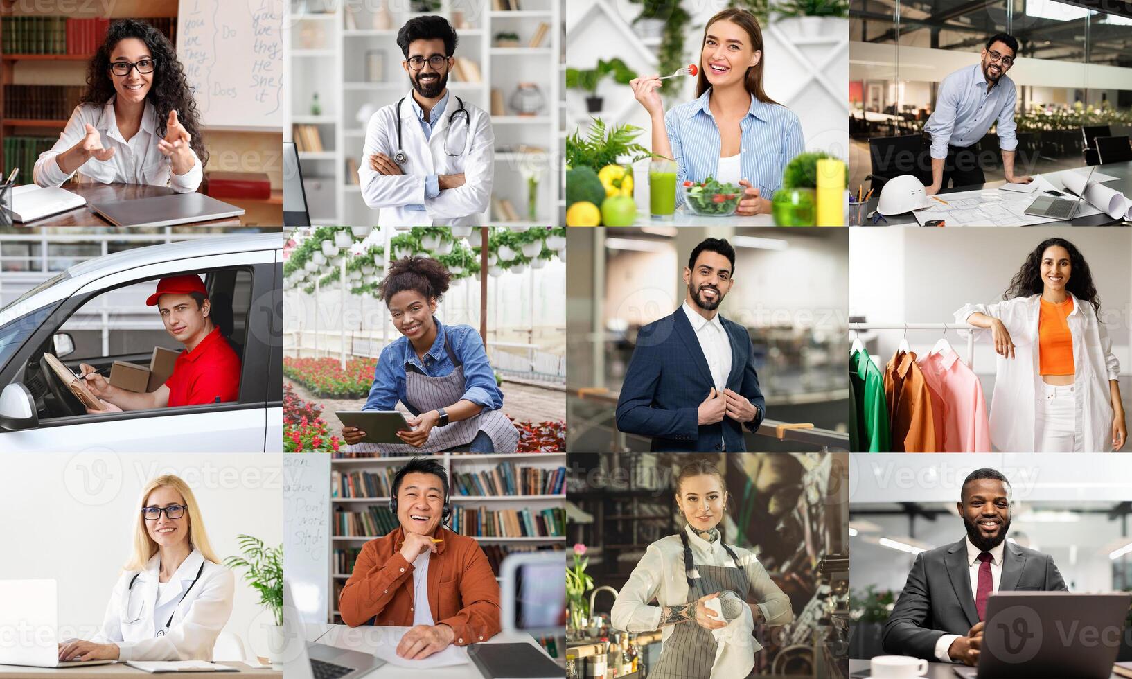 This collage showcases diverse individuals representing various professions, highlighting a range of industries and workplaces. The images capture the essence of hard work, dedication photo