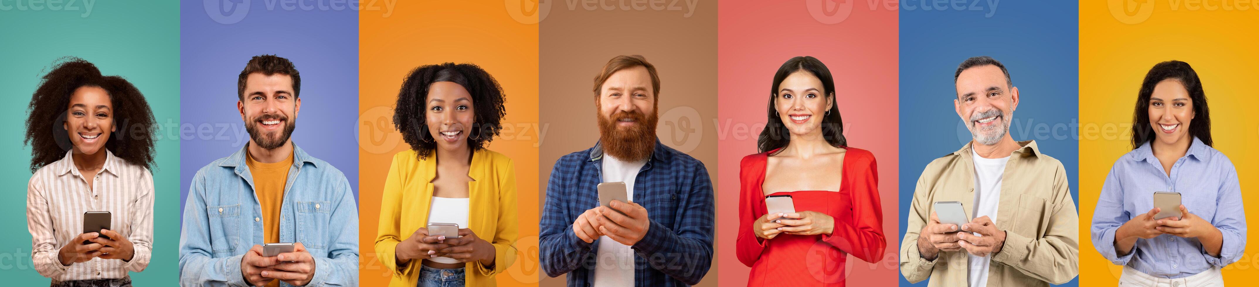 A lively group of individuals with varying hairstyles and outfits holds smartphones while smiling, set against vibrant, colorful backdrops. They represent different backgrounds and emotions. photo